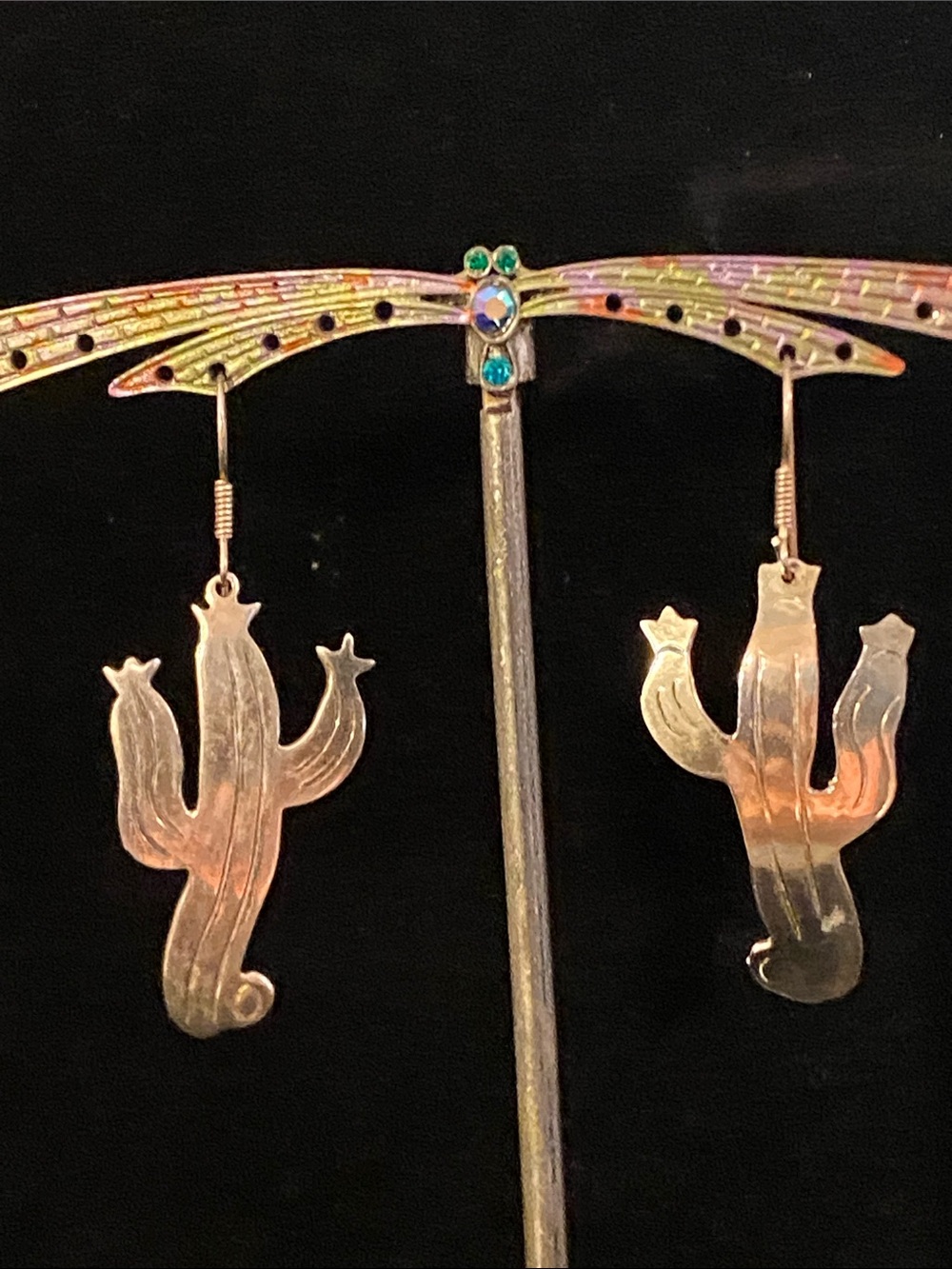 Vintage Handcrafted Silver Tone Cactus Dangle Earrings Southwest